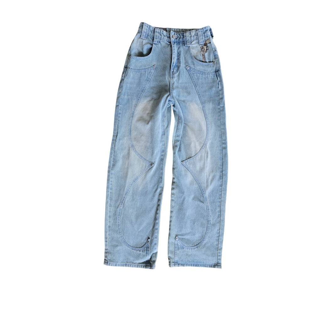 Vescartes‎ Light Wash Embroidered Wild West Cowboy Wide Leg Jeans Size XS
